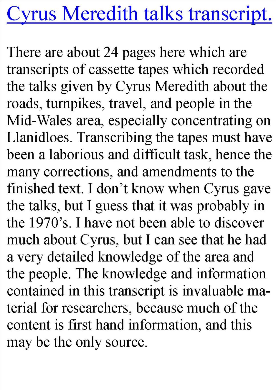 Cyrus Meredith Transcript Llanidloes History